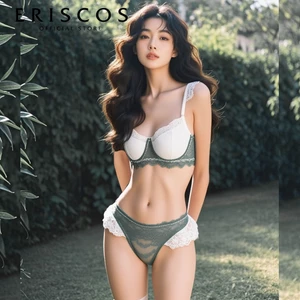 Bộ đồ lót ren nữ áo ngực có gọng không mút có lót lưới quần lót cách diệu nhẹ nhàng màu xanh mix trắng trẻ trung Eriscos