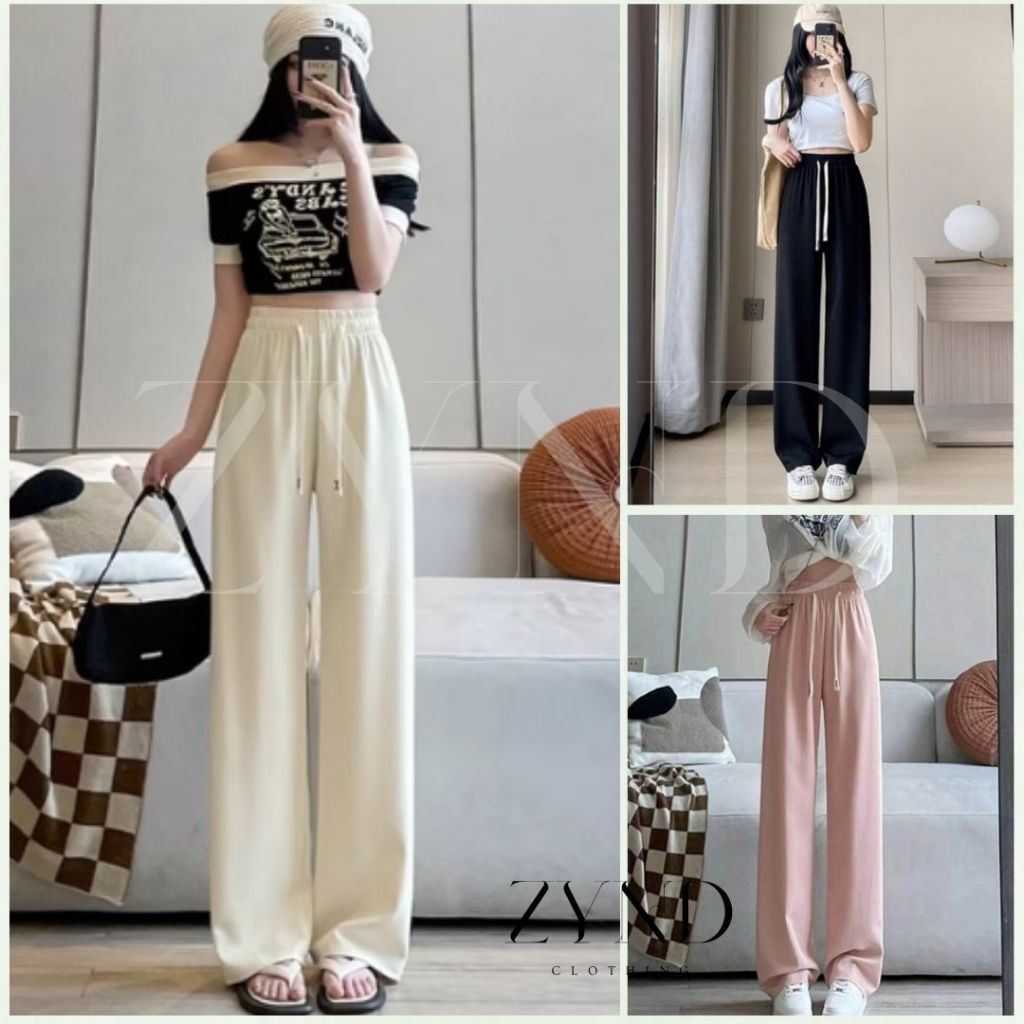 Quần ống rộng suông cạp chun dây rút vải chéo Hàn hack dáng AT-M808_ ZynD Clothing