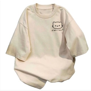 Áo phông form rộng tay lỡ nam nữ chất vải Cotton - mèo in ngực mẫu mới