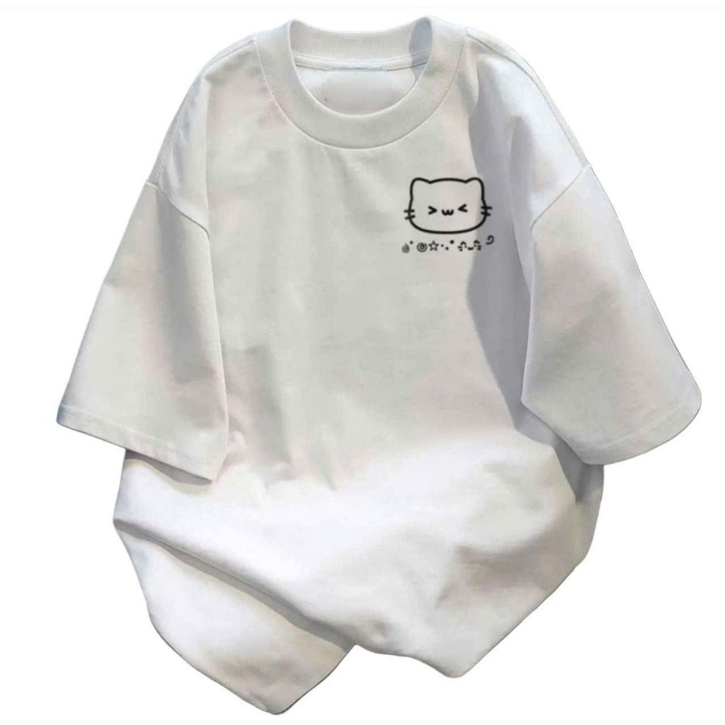 Áo phông form rộng tay lỡ nam nữ chất vải Cotton - mèo in ngực mẫu mới