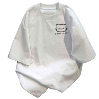 Áo phông form rộng tay lỡ nam nữ chất vải Cotton - mèo in ngực mẫu mới