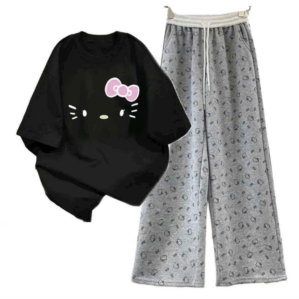 Sét Quần Ống Suông Mèo + Mix Áo Phông Form Rộng Tay Lỡ unisex-mèo Đơn Giản