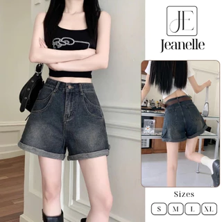 Quần short jean nữ cạp cao ống rộng, quần đùi bò ngắn Jeanelle Store Q5 thêu 2 túi trước sau phong cách