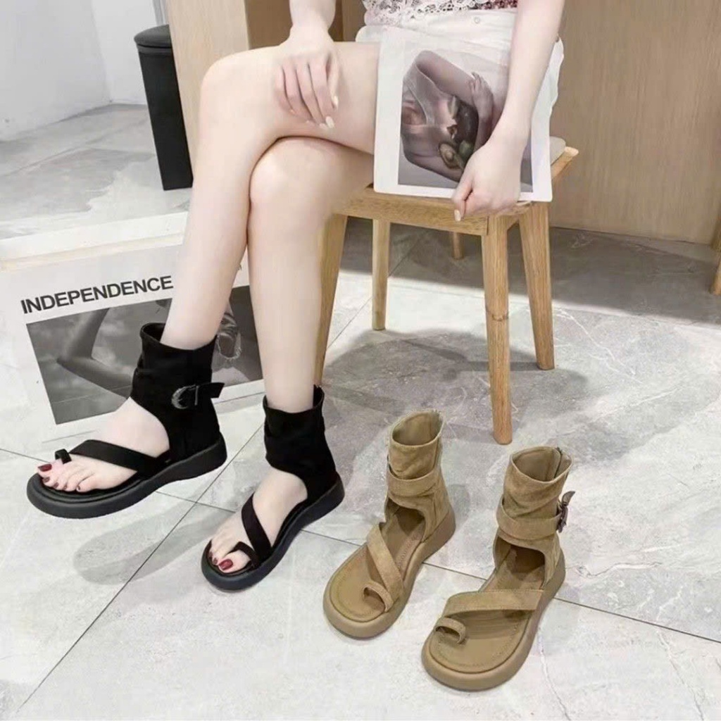 (Sẵn đen 35, nâu 38) Dép Sandal Quai Xỏ Ngón Cổ Cao Đế Bằng Nhẹ Nhàng Đi Học Đi Chơi Ulzzang