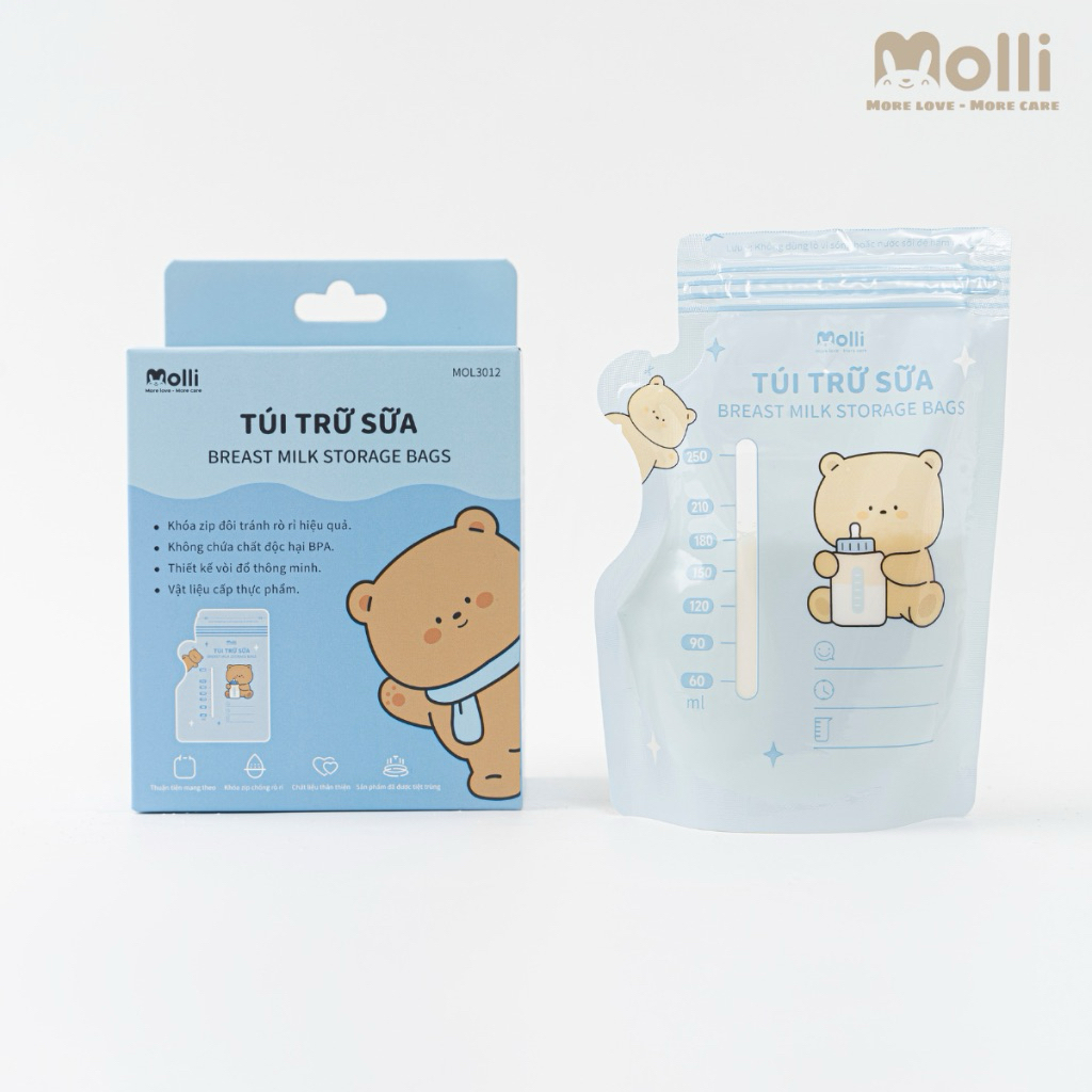 Túi Trữ Sữa Mẹ Molli 30 Túi/Hộp 150ml 200ml 250ml – Túi Trữ Sữa Khoá Zip Đôi Chống Tràn, Bảo Quản Sữa Mẹ