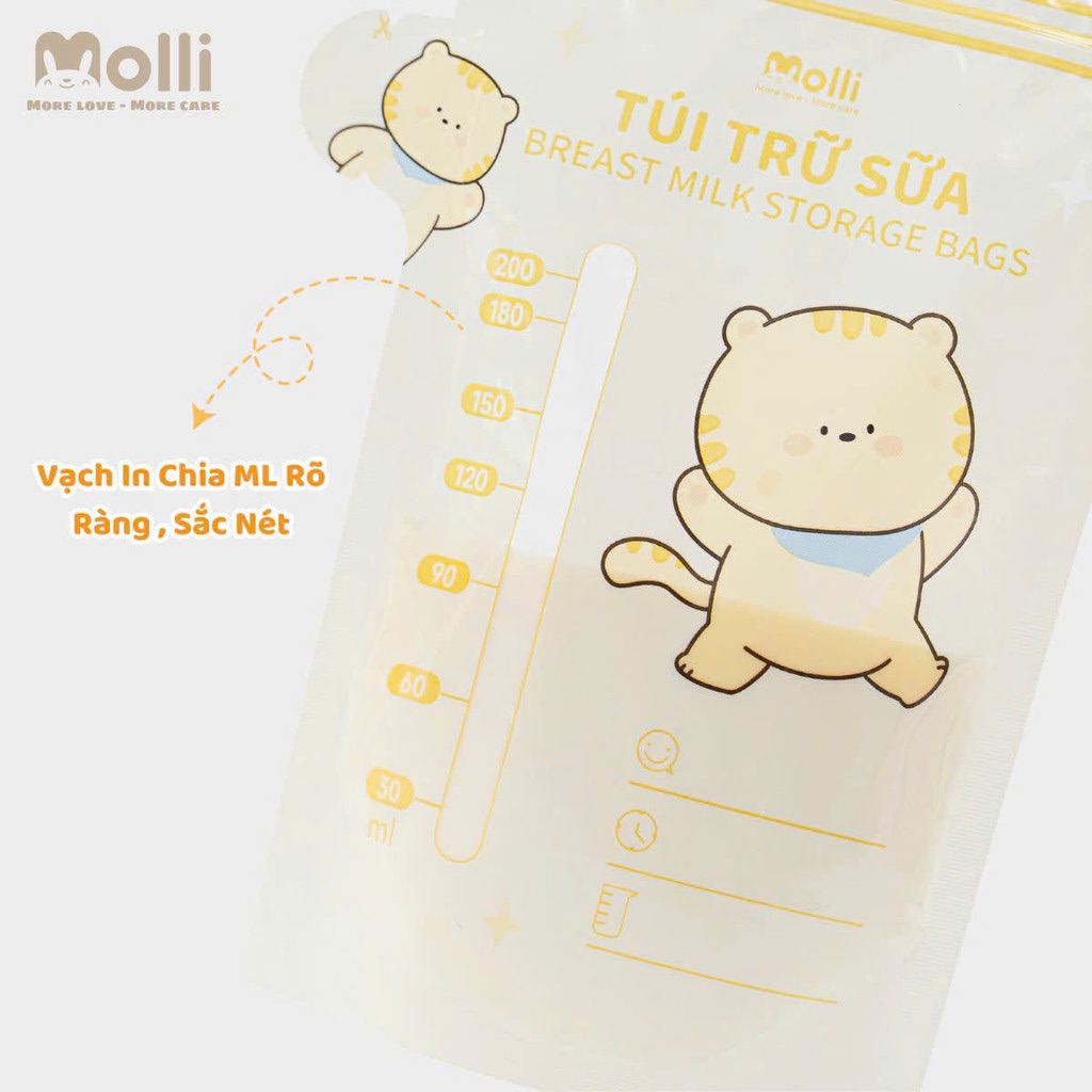 Túi Trữ Sữa Mẹ Molli 30 Túi/Hộp 150ml 200ml 250ml – Túi Trữ Sữa Khoá Zip Đôi Chống Tràn, Bảo Quản Sữa Mẹ