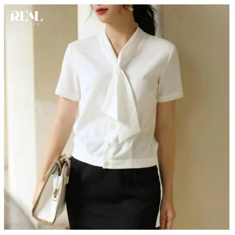 Áo kiểu cột nơ tay ngắn Lucy dài 45cm REAL CLOTHES (tổng hợp màu), vải linen pha lụa mát, ít nhăn