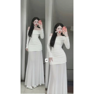 Váy thun mềm trễ vai pha voan dáng dài