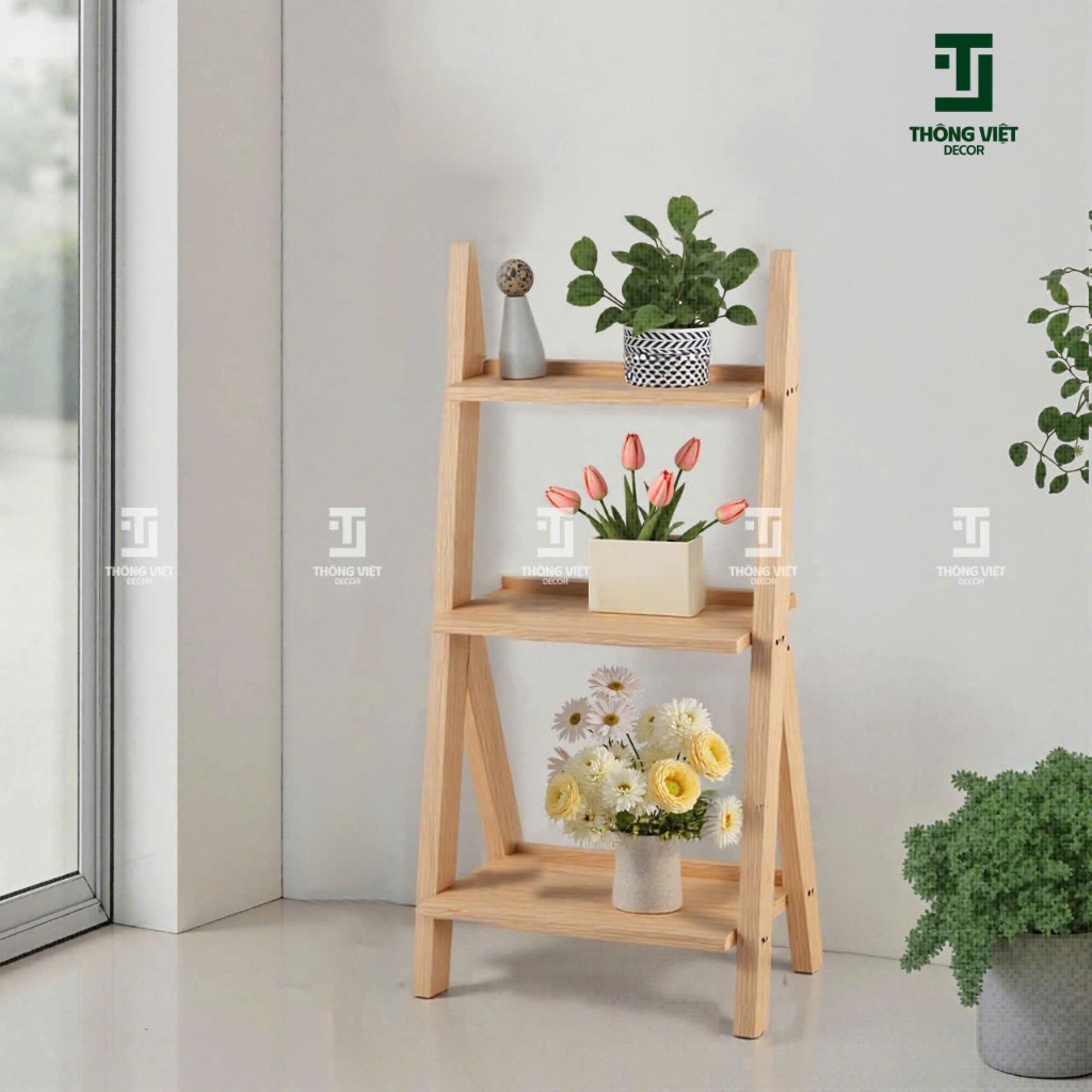 [TV-K007] Kệ Gỗ Decor Cây Cảnh 3 Tầng, Giá Trưng Bày Tiểu Cảnh Mini Trang Trí Ban Công Sân Vườn
