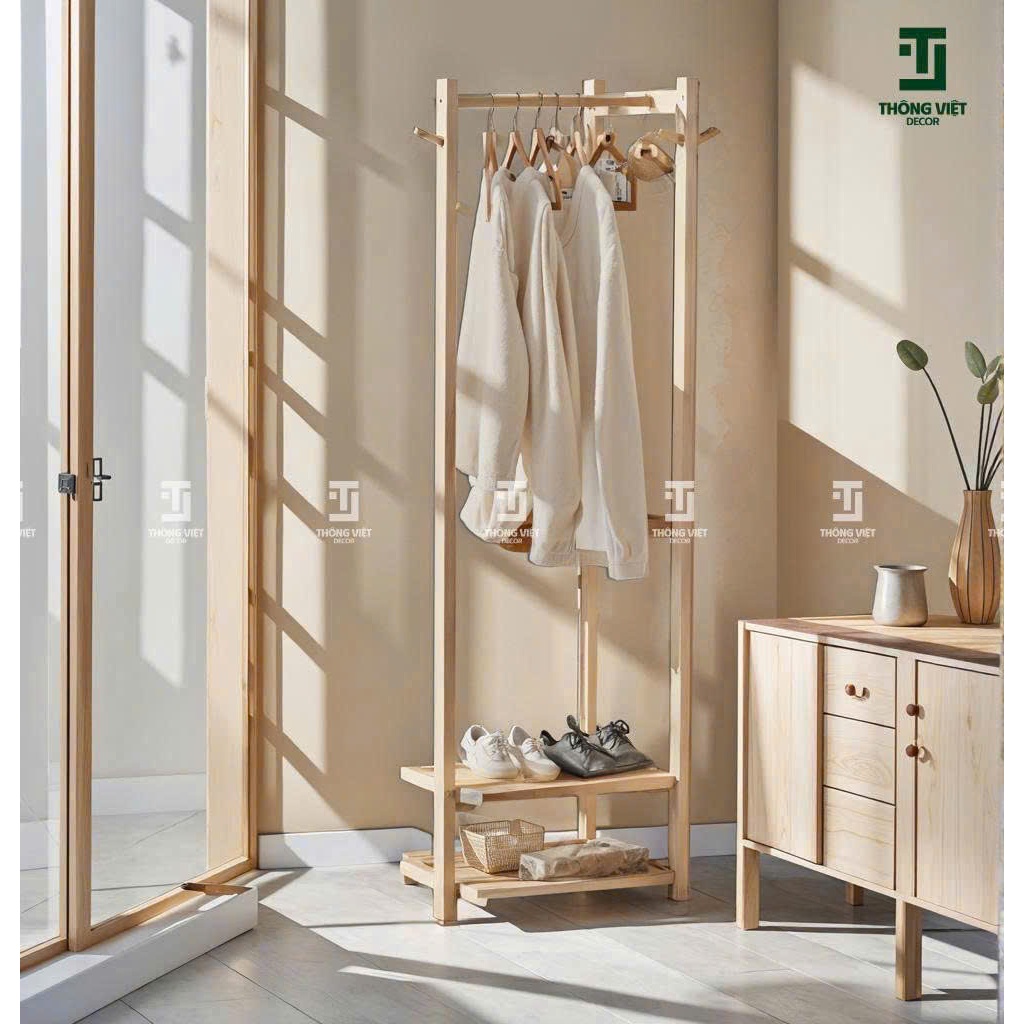 [TV-K001]Kệ Treo Quần Áo Gỗ Tự Nhiên Đa Năng Gọn Nhẹ, Gỗ Thông Tự Nhiên, Chắc Chắn Có Kệ Để Giày Túi Xách