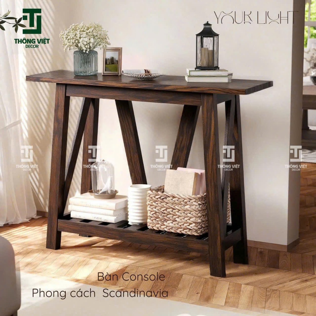 [TV-D009] Bàn Console Trang Trí Chân Chữ V Có Kệ Dưới Decor Phòng Khách Bàn Đặt Sảnh Gỗ Thông