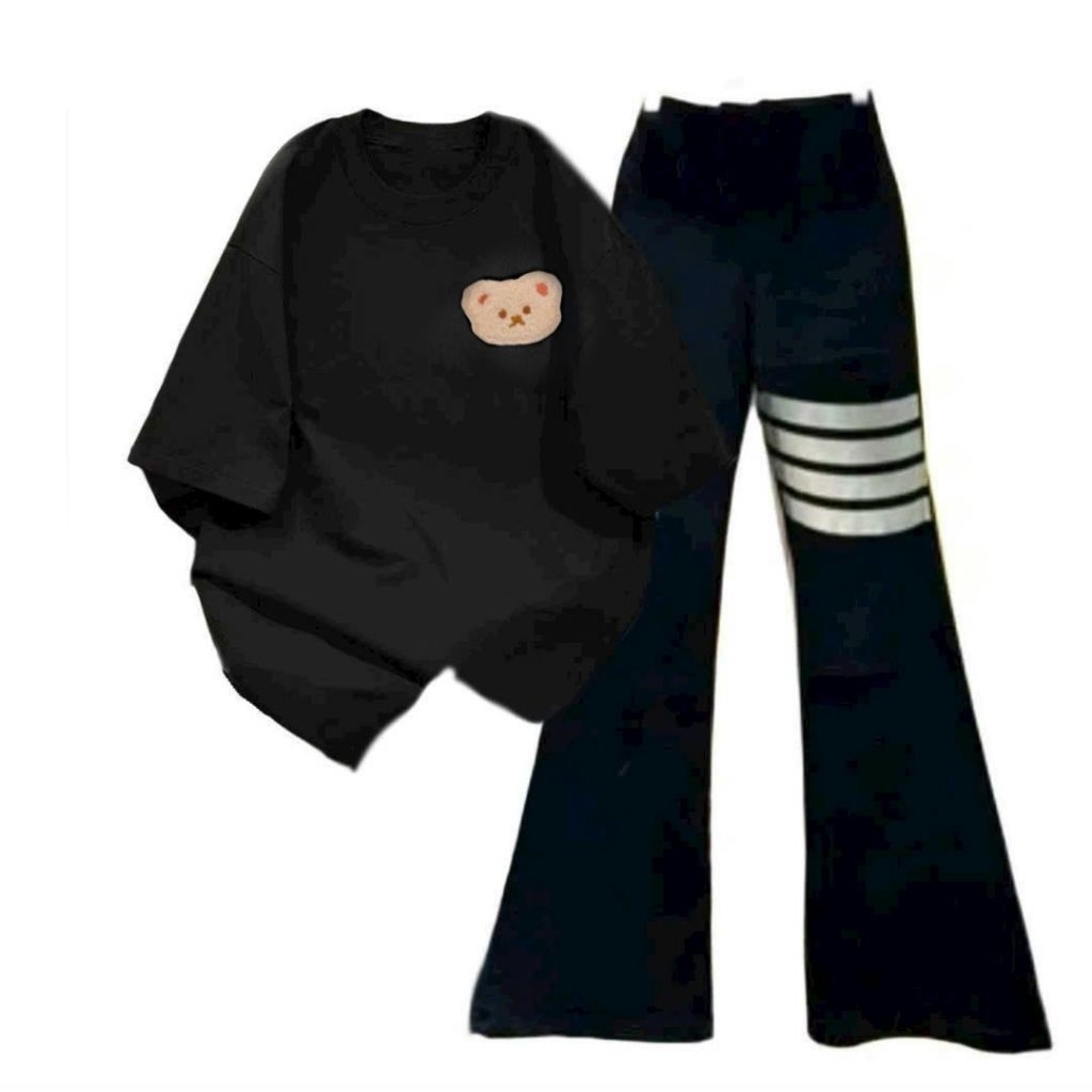 Tổng hợp các sét bộ quần ống loe + mix áo phông form rộng tay lỡ unisex Hình gấu