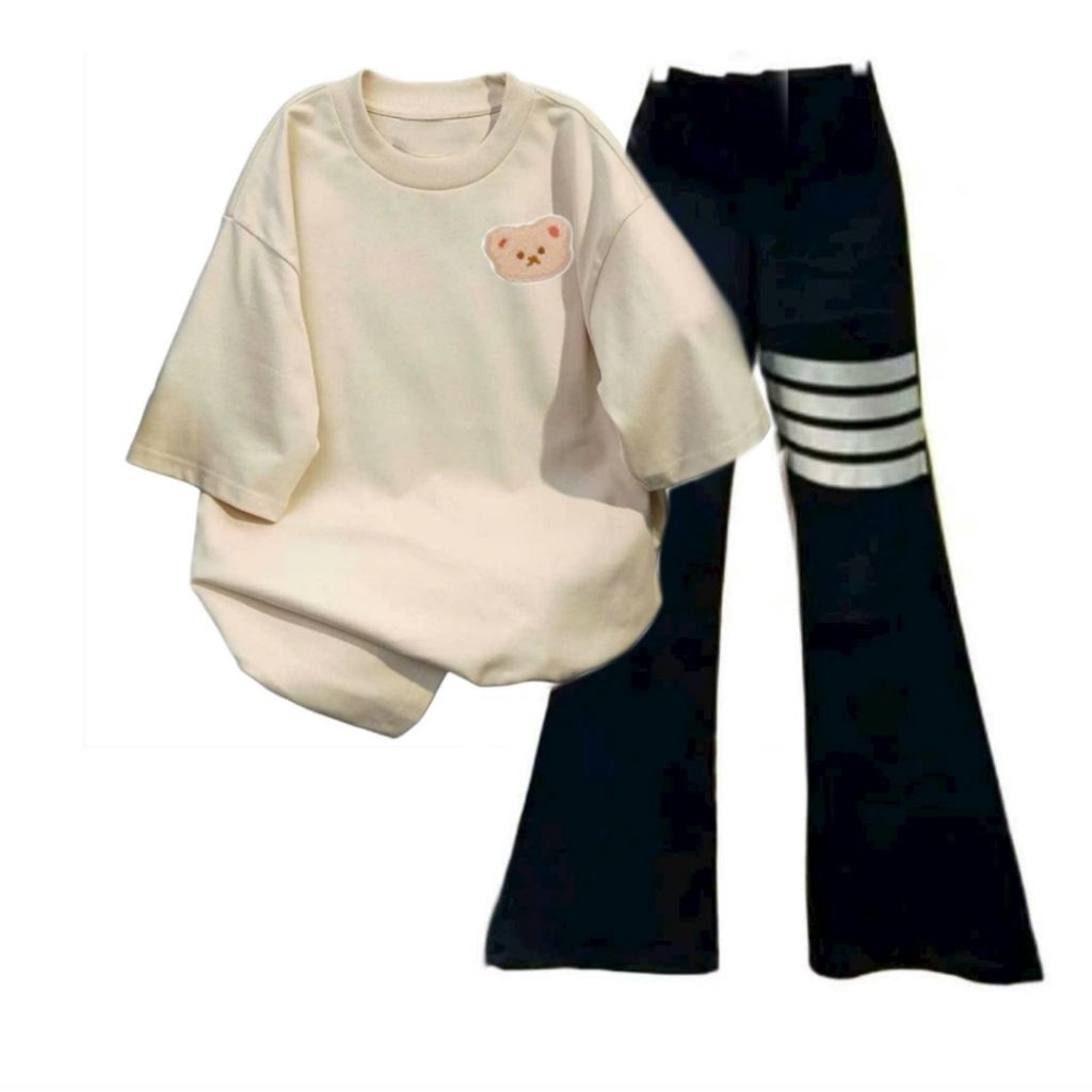 Tổng hợp các sét bộ quần ống loe + mix áo phông form rộng tay lỡ unisex Hình gấu