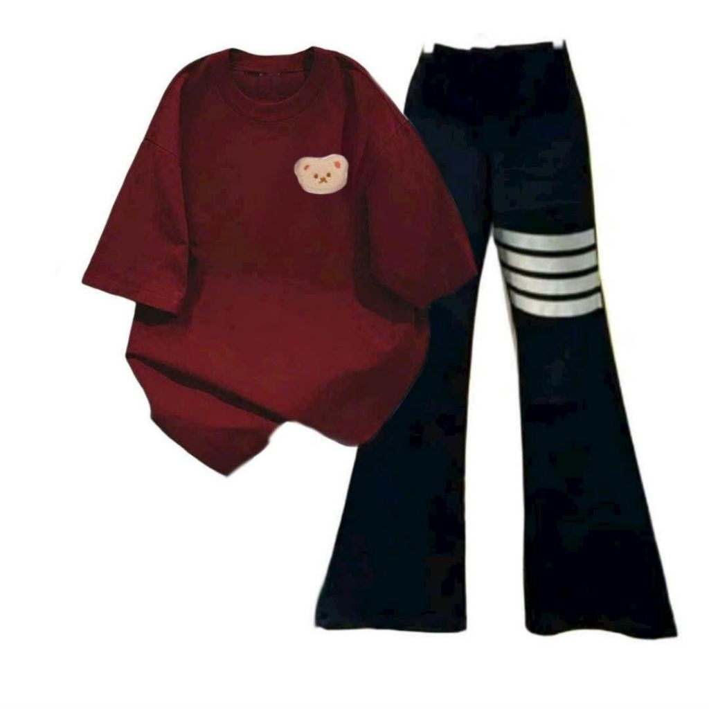 Tổng hợp các sét bộ quần ống loe + mix áo phông form rộng tay lỡ unisex Hình gấu-QUANAO94