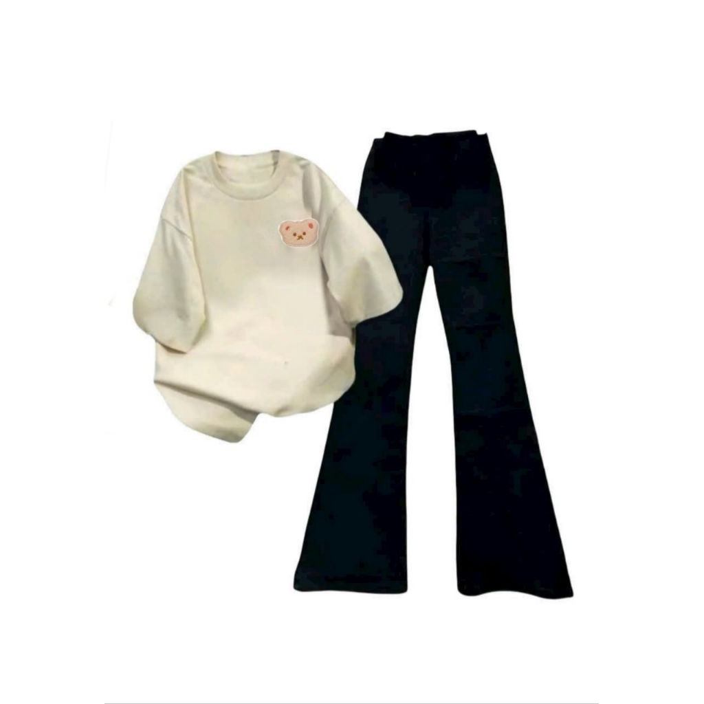Tổng hợp các sét bộ quần ống loe + mix áo phông form rộng tay lỡ unisex Hình gấu-CHANG3158