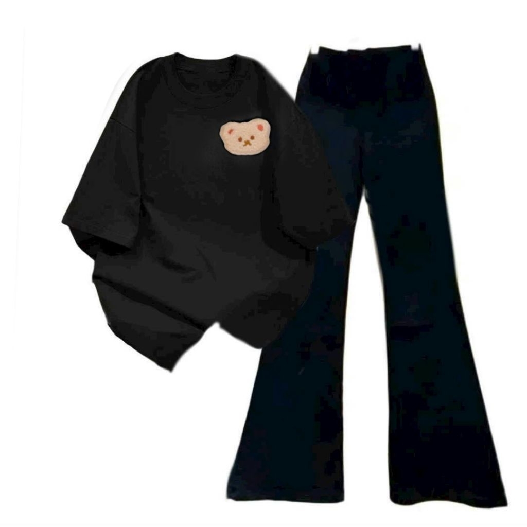 Tổng hợp các sét bộ quần ống loe + mix áo phông form rộng tay lỡ unisex Hình gấu