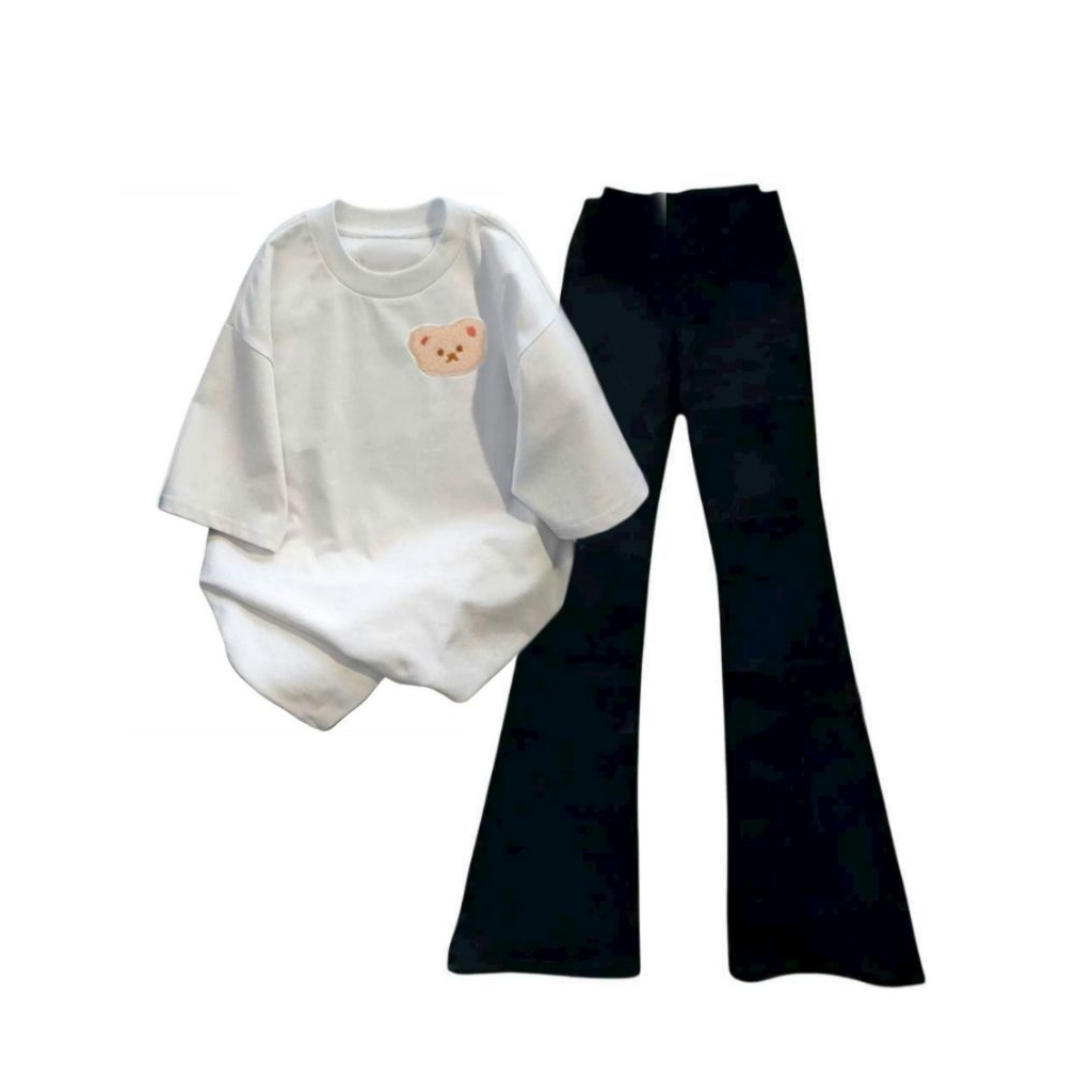 Tổng hợp các sét bộ quần ống loe + mix áo phông form rộng tay lỡ unisex Hình gấu