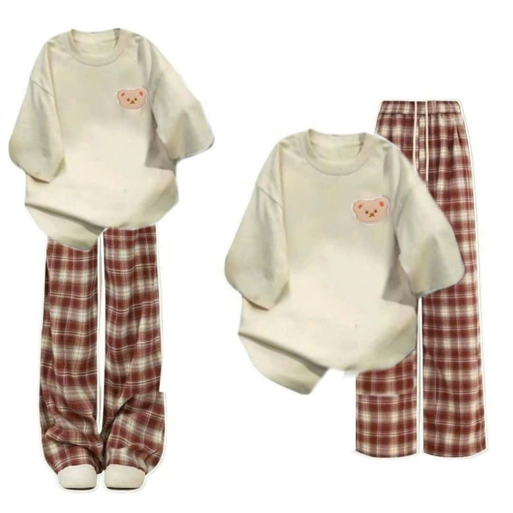Tổng hợp các Sét Bộ Quần Kẻ Caro dáng dài + mix áo phông form rộng tay lỡ- in gấu dâu