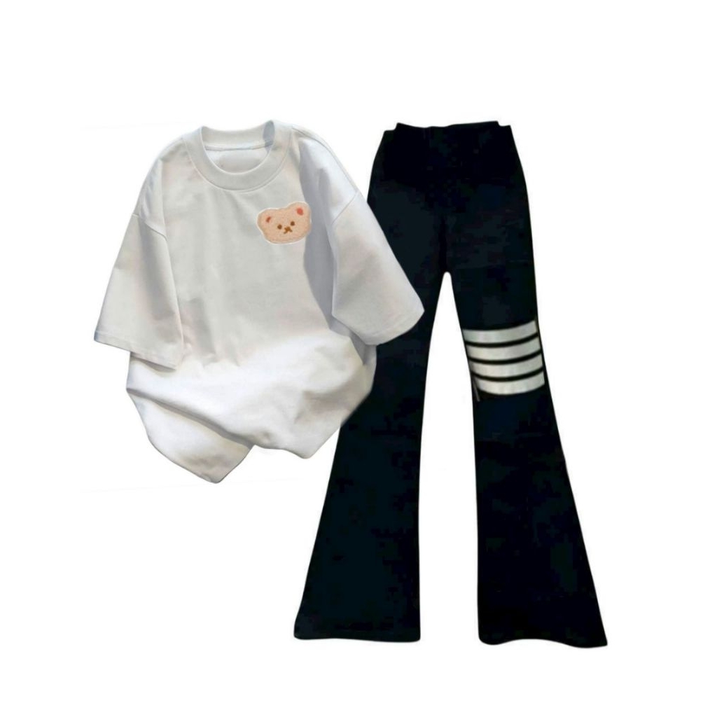 Tổng hợp các sét bộ quần ống loe + mix áo phông form rộng tay lỡ unisex Hình gấu