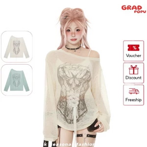 Áo thun nữ dài tay GRADPOPU mỏng xuyên thấu in hình corset cánh họa gợi cảm phong cách Y2K PTD66