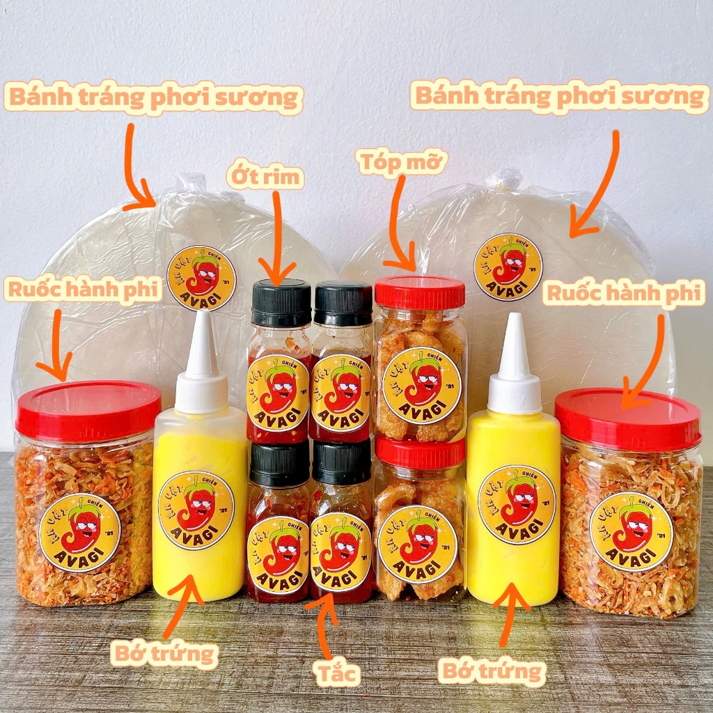 [ 2 x combo Ú Ù ] Bánh tráng phơi sương AVAGI, Tóp mỡ, chai Bơ, Ruốc hành phi