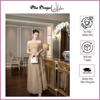Đầm váy Đào design trễ vai cúp ngực chiết eo tôn dáng phối chân váy voan dài bồng xoè, thiết kế cuốn hút