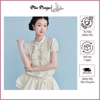 Set đồ nữ Đào design áo sơ mi tay bồng phối bèo ngực mix chân váy tầng điệu đà, kèm quần short dịu dàng