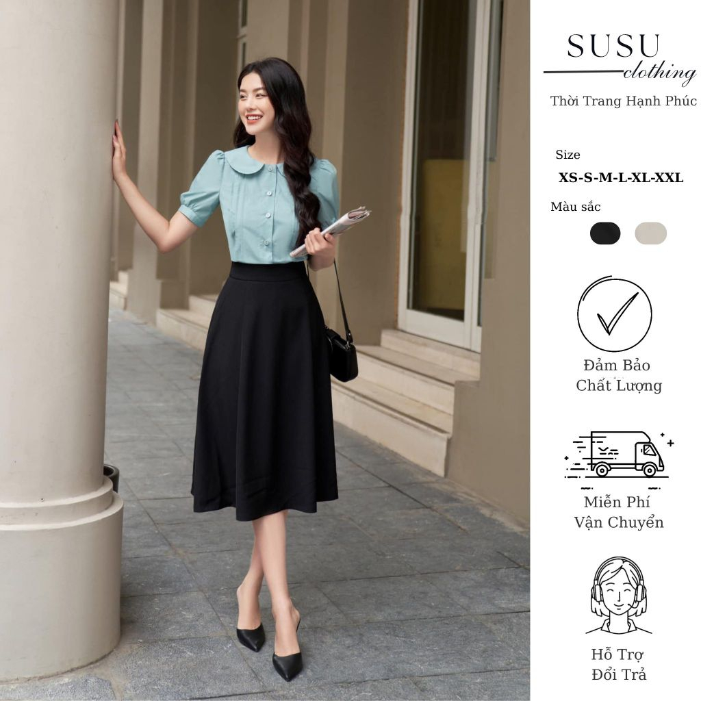 Chân váy Xòe nhẹ dáng dài qua gối có túi 2 bên Susuclothing xòe nhẹ d68cm
