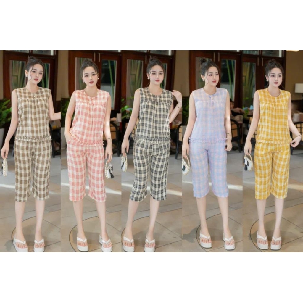Bộ lửng nữ, áo sát nách quần lửng, vải thô caro mềm mát, nhiều size.