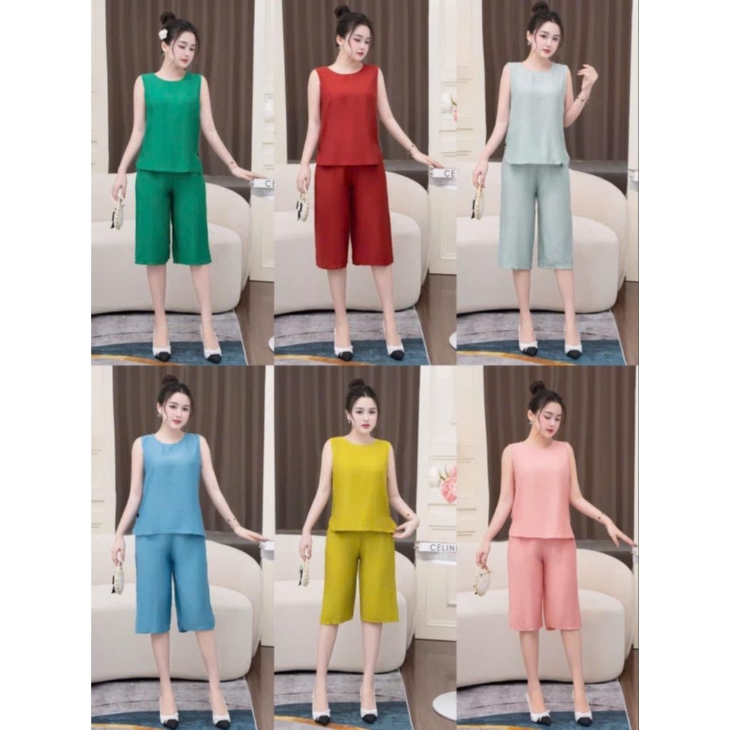 đồ bộ mặc nhà set đũi quần lửng áo sát nách quần lở đến gối, cúc sườn 2 bên