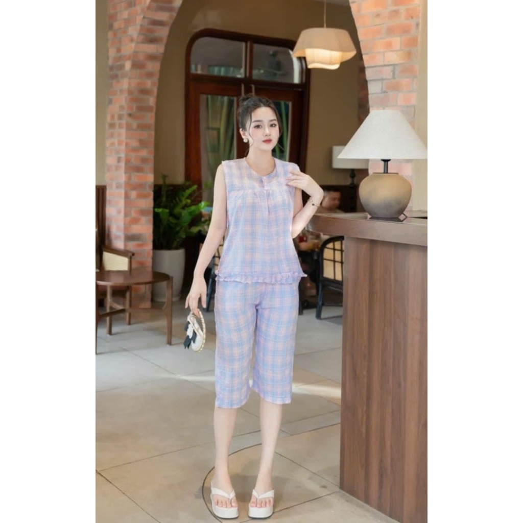 Bộ lửng nữ, áo sát nách quần lửng, vải thô caro mềm mát, nhiều size.