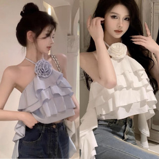Áo yếm kiểu tầng croptop đính hoa hồng trắng đen xinh đẹp dây tua rua xinh quá VANISA Y19