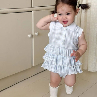 Váy suit polo có cổ sát nách hoạ tiết caro nhiều tầng cho bé gái phong cách hàn quốc