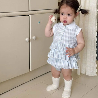 Váy suit polo có cổ sát nách hoạ tiết caro nhiều tầng cho bé gái phong cách hàn quốc