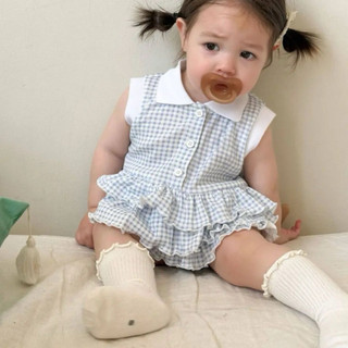 Váy suit polo có cổ sát nách hoạ tiết caro nhiều tầng cho bé gái phong cách hàn quốc