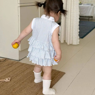 Váy suit polo có cổ sát nách hoạ tiết caro nhiều tầng cho bé gái phong cách hàn quốc