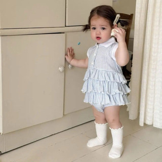 Váy suit polo có cổ sát nách hoạ tiết caro nhiều tầng cho bé gái phong cách hàn quốc