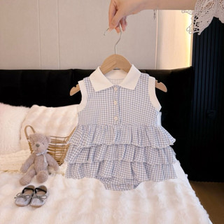 Váy suit polo có cổ sát nách hoạ tiết caro nhiều tầng cho bé gái phong cách hàn quốc