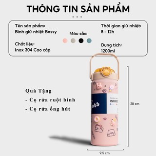 Bình giữ nhiệt Bossy inox 316 cao cấp 1200ml Fan House bình nước giữ nhiệt 24h có quai xách, ống hút