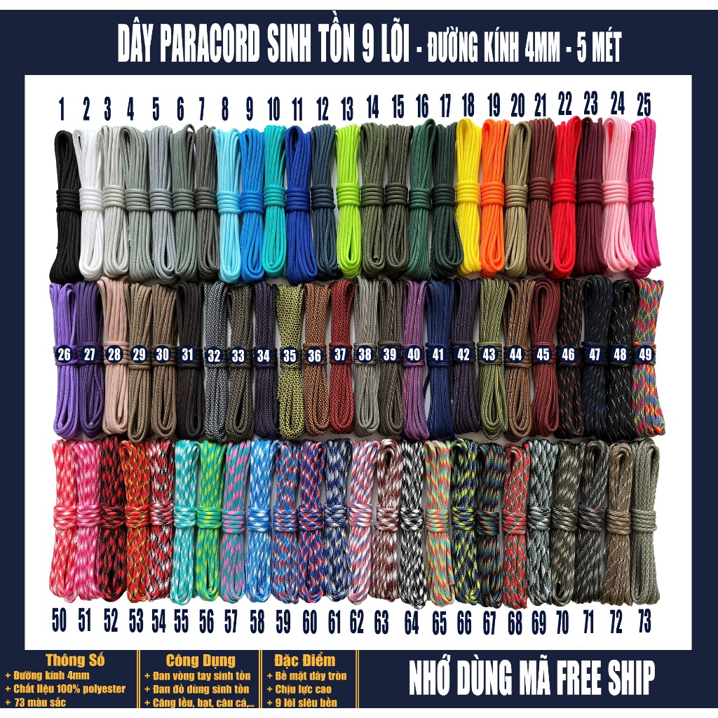 Dây Dù Paracord 9 Lõi 4mm Tròn Đều – 5 Mét