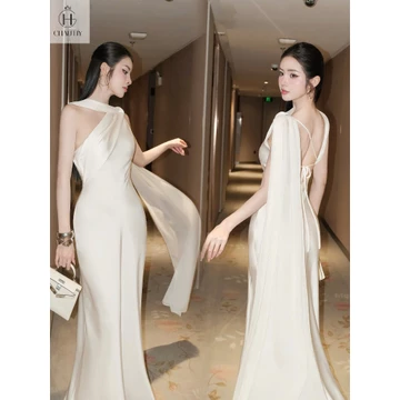 Váy lụa dáng dài váy lụa sang chảnh váy lụa lệch vai cao cấp hàng chất đẹp màu trắng siêu xinh