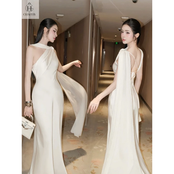 Váy lụa dáng dài váy lụa sang chảnh váy lụa lệch vai cao cấp hàng chất đẹp màu trắng siêu xinh