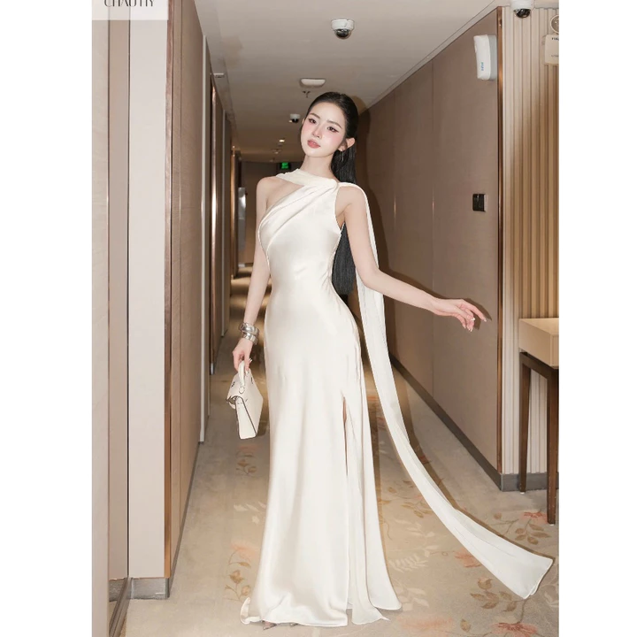 Váy lụa dáng dài váy lụa sang chảnh váy lụa lệch vai cao cấp hàng chất đẹp màu trắng siêu xinh