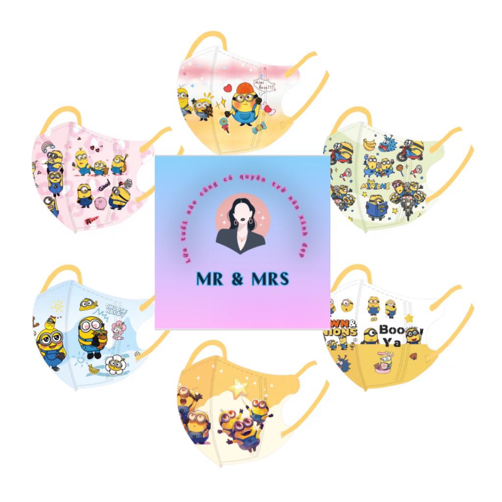 (Set 10/60C) Khẩu Trang Hoạt Hình Minions Vàng Cho Bé 0-3T