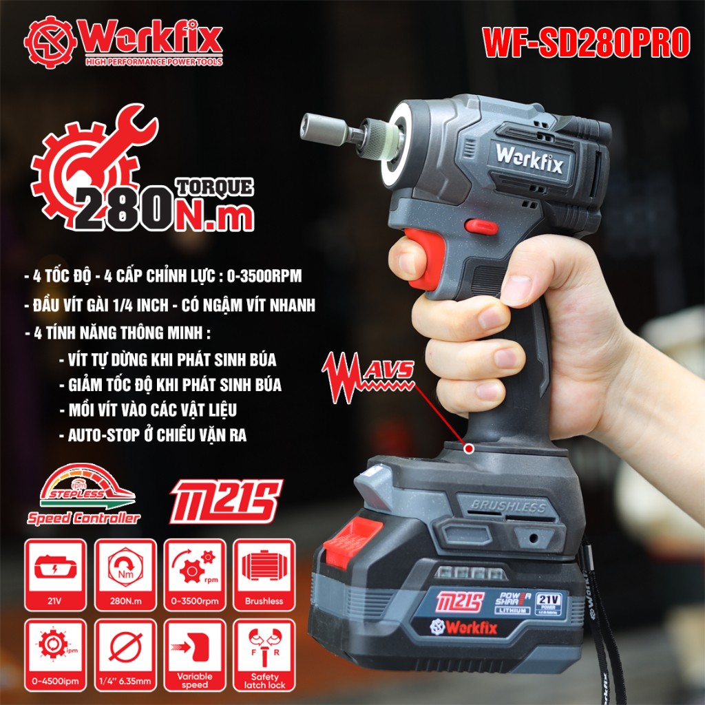 Máy Vặn Vít Đa Năng Workfix WF-SD280PRO – Siết Vít Gỗ, Thép, Nội Thất Đầu 1/4 Gài Nhanh, Đèn LED, Motor Không Chổi Than