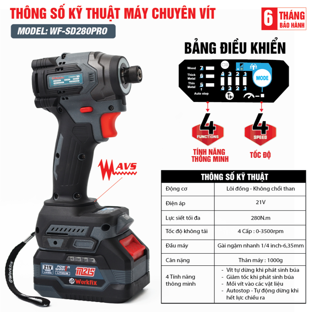 Máy Vặn Vít Đa Năng Workfix WF-SD280PRO – Siết Vít Gỗ, Thép, Nội Thất Đầu 1/4 Gài Nhanh, Đèn LED, Motor Không Chổi Than