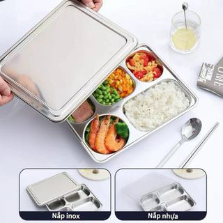 Khay cơm inox 304 có nắp đậy cho bé 3-5 ngăn sâu lòng phong cách Hàn Quốc khay inox đựng thức ăn khay cơm chia ngăn