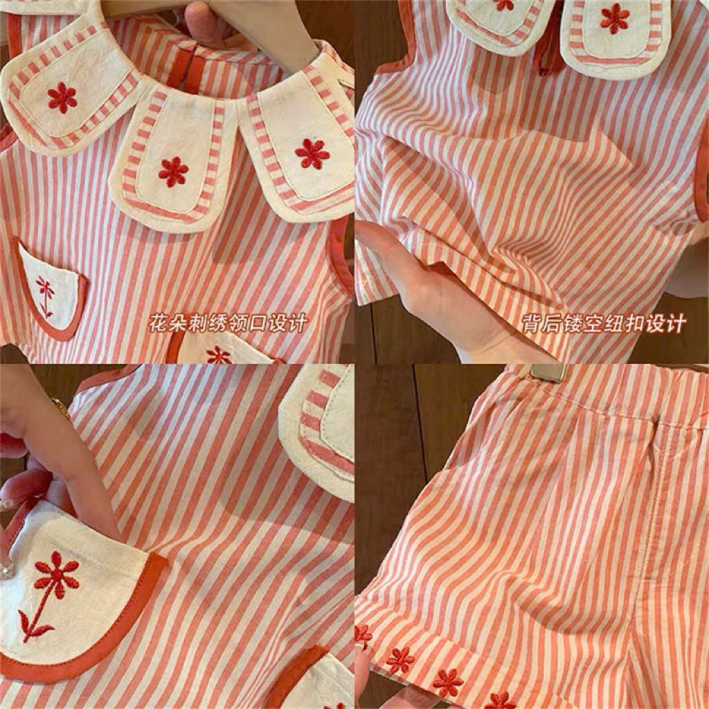 (Order) Bộ quần áo kẻ sọc đỏ hoạ tiết hoa, cổ hình bông hoa đáng yêu danhg cho bé gái
