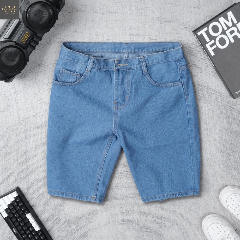 Quần short jean nam TM Store xanh nhạt, vải Denim Cotton dày dặn mặc đi làm đi chơi