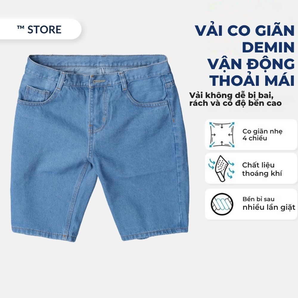 Quần short jean nam TM Store xanh nhạt, vải Denim Cotton dày dặn mặc đi làm đi chơi